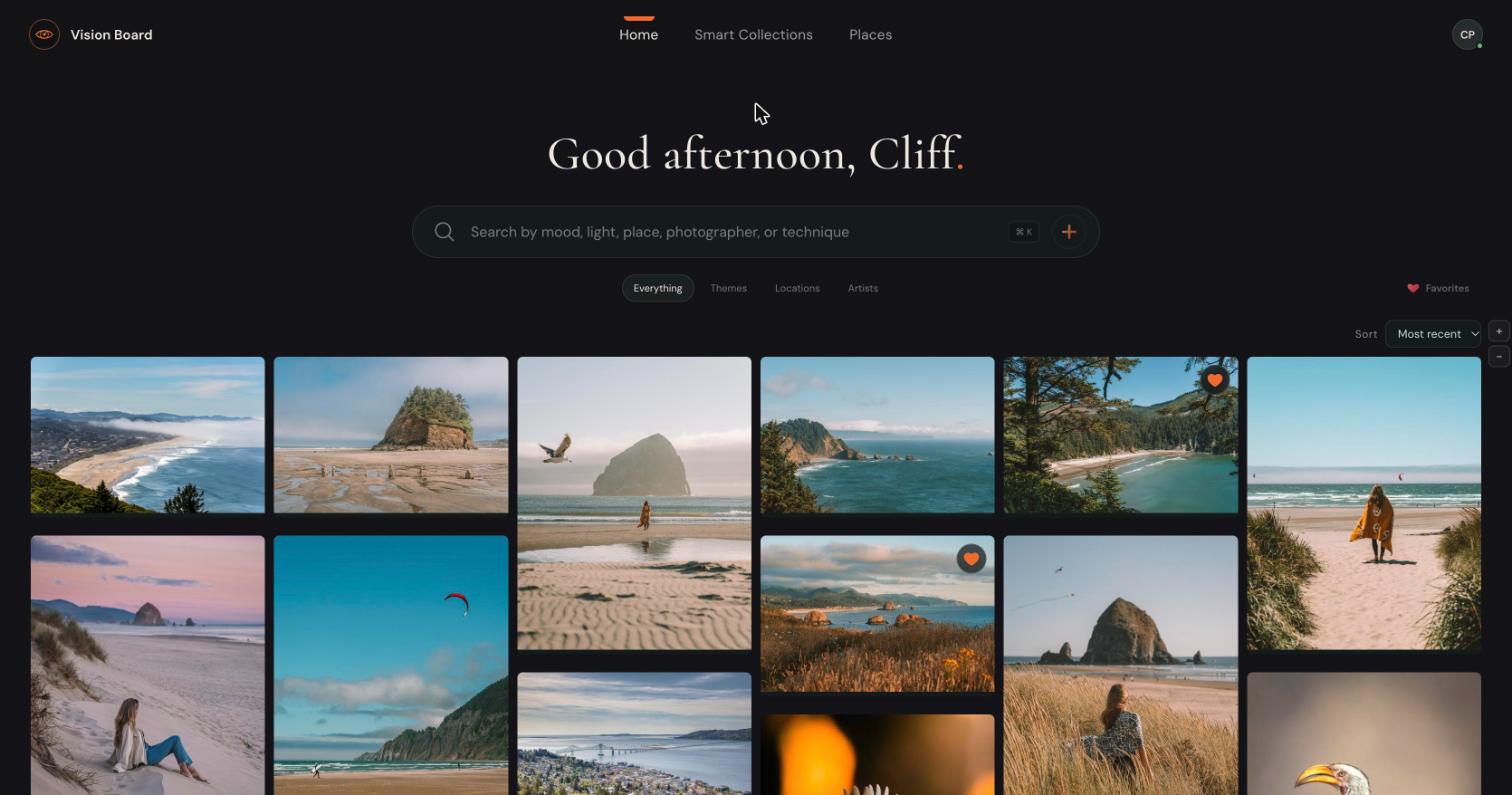 The Vision Board home — a masonry board of photographic references with search, themes, locations and artists