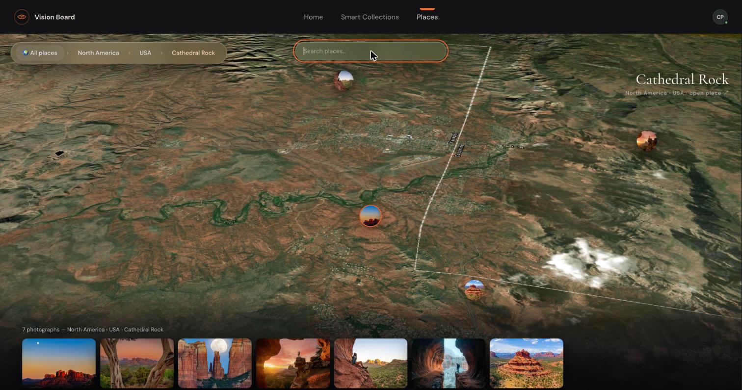 The Atlas diving into 3D terrain over Sedona — photo pins on the actual formations, a breadcrumb reading North America, USA, Cathedral Rock